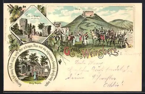 Lithographie Weinsberg, Turm mit Eingang der Burg, Burg-Kapelle