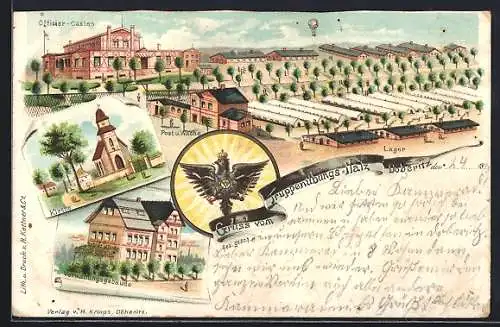 Lithographie Döberitz, Verwaltungsgebäude, Kirche, Post & Wache, Lager mit einem Ballon, Truppenübungsplatz