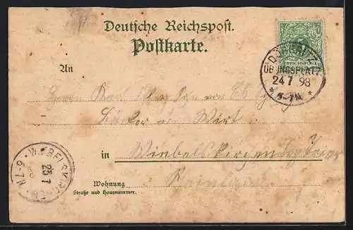 Lithographie Döberitz, Verwaltungsgebäude, Kirche, Post & Wache, Lager mit einem Ballon, Truppenübungsplatz
