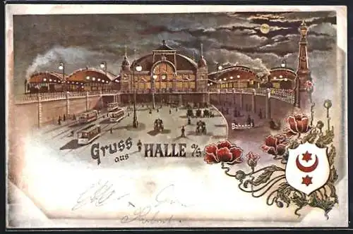 Lithographie Halle / Saale, Bahnhof mit Strassenbahnen, Leute, Wappen, Blumenverzierung