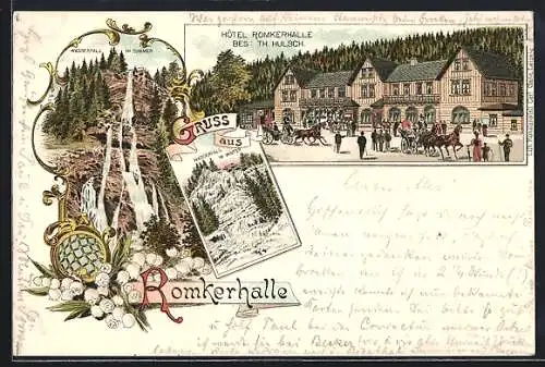 Lithographie Romkerhalle, Ansicht des Hotels & des Wasserfalls im Sommer wie Winter