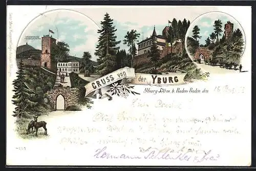 Lithographie Yburg, Ansicht der Burg mit Grossherzog-Friedrichsturm