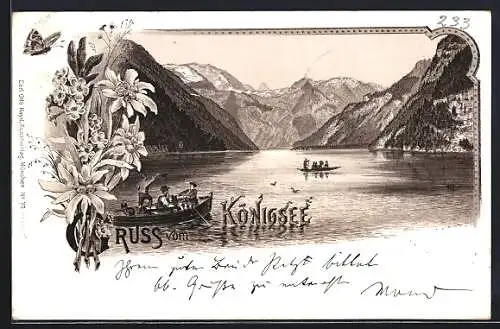 Lithographie Königsee / St. Bartholomä, Ruderboote auf dem Königsee