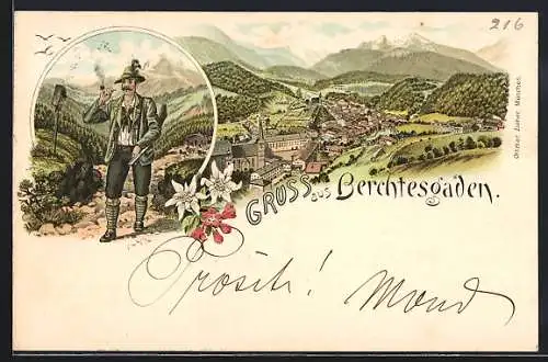 Lithographie Berchtesgaden, Jäger mit Gewehr, Panorama