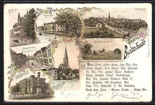 Lithographie Buxtehude, Peper`s Hotel, Kaiserl. Postamt, Breite Strasse, Kgl. Baugewerkschule mit Kriegerdenkmal, Am Moo
