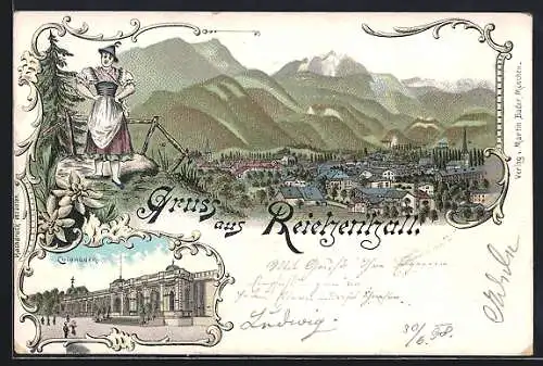 Lithographie Reichenhall, Colonaden, Trachtenmädchen, Totalansicht mit Bergpanorama