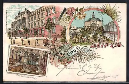 Lithographie Leipzig, Konservatorium, Krystallpalast, Saal des Konservatoriums
