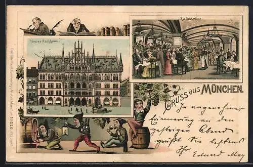 Lithographie München, Gaststätte Ratskeller, Neues Rathaus, Zwerge im Weinkeller, Gelehrte beim Studium