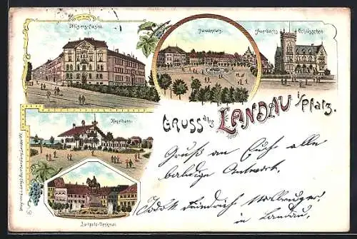 Lithographie Landau i. Pfalz, Offiziers-Casino, Paradeplatz, Kegelbahn