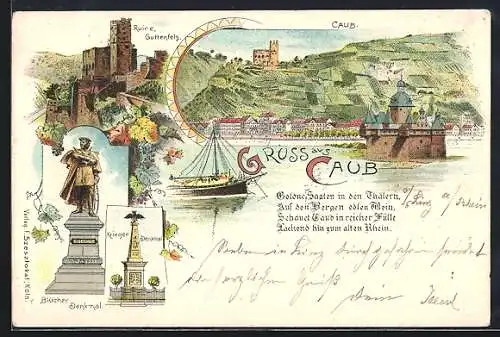 Lithographie Caub, Ruine Gutenfels, Blücherdenkmal, Kriegerdenkmal, Ortsansicht mit Pfalz