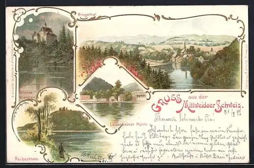 Lithographie Mittweida, Schloss Kriebstein, Raubschloss, Lauenhainer Mühle