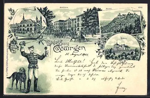 Lithographie Göttingen, Auditorium mit Strasse, Plesse, Rohns, Student mit Jagdhund, Wappen