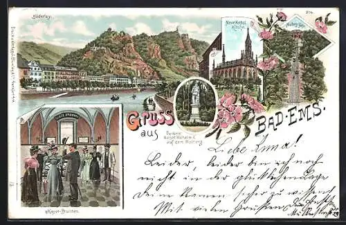 Lithographie Bad Ems, Malberg Bahn und Kaiser Wilhelm I Denkmal auf dem Malberg