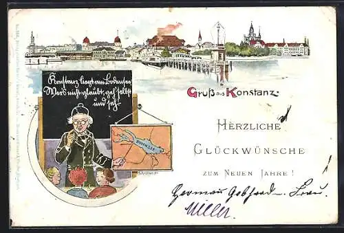 Künstler-AK Konstanz, Lehrer erklärt Schüler die Ortslage, Stadtpanorama vom Bodensee aus, Neujahrsgruss