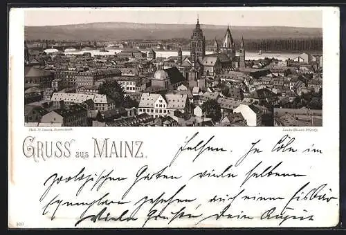 Lithographie Mainz, Totalansicht mit Gewässer- u. Fernblick aus der Vogelschau