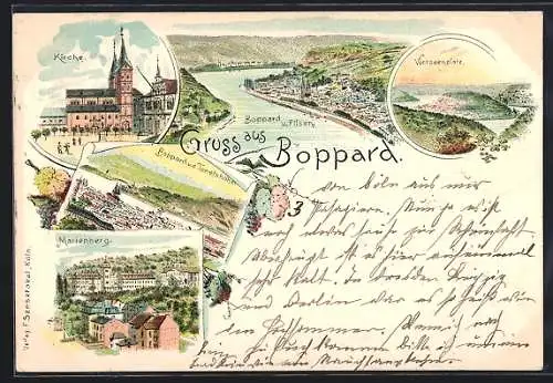 Lithographie Boppard, Marienberg, Vierseenplatz, Boppard u. Filsen aus der Vogelschau