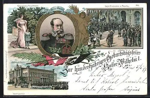 Lithographie Berlin, Porträt Kaiser Wilhelm I., Königin Luise u. Prinz Wilhelm, Kaiser-Proclamation, Schloss Berlin