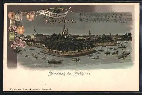 Lithographie Konstanz, Beleuchtung des Stadtgartens bei Nacht