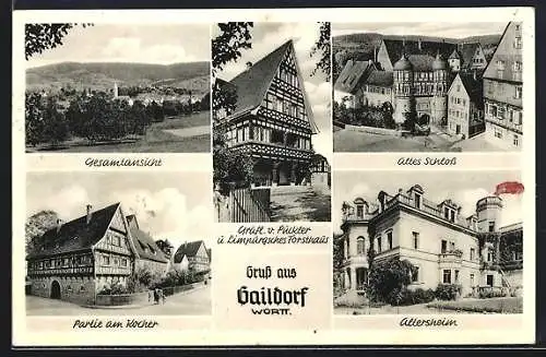 AK Gaildorf, Gesamtansicht, Partie am Kocher, Altes Schloss, Altersheim, Gräfl. v. Pückler u. Limpurgsches Forsthaus