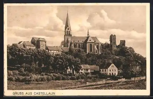 AK Castellaun, Blick auf die Kirche und Ruine