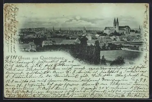 Mondschein-AK Quedlinburg, Ortsansicht bei Vollmond, über die Dächer