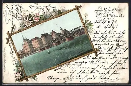 Lithographie Torgau, Ortsansicht über Flusspartie mit Brücke