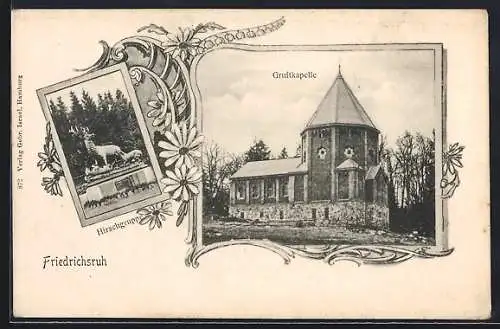 AK Friedrichsruh, Gruftkapelle und Skupltur Hirschgruppe