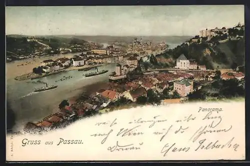 AK Passau, Panorama vom Berg gesehen