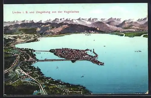 Künstler-AK Eugen Felle: Lindau i. B., Zeppelin über dem Bodensee, Blick auf die Alpen