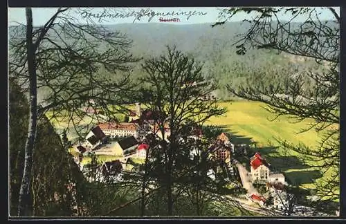 AK Beuron, Blick durch Bäume auf den Ort und das Kloster