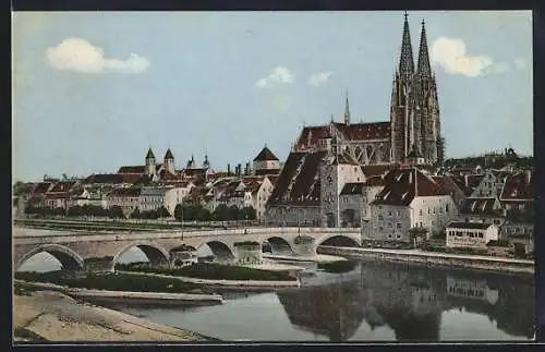 AK Regensburg, Steinere Brücke mit Dom und Donau
