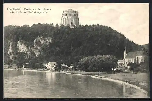 AK Kelheim, Partie an der Donau mit Befreiungshalle