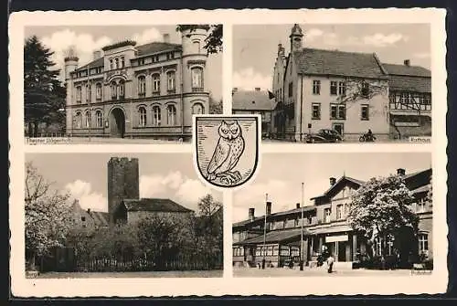 AK Oebisfelde, Bahnhof, Rathaus, Theater (Jägerhof), Burg, Wappen