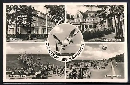 AK Ostseebad Brunshaupten, Partie a. d. Brücke, Strandpromenade, Posterholungsheim