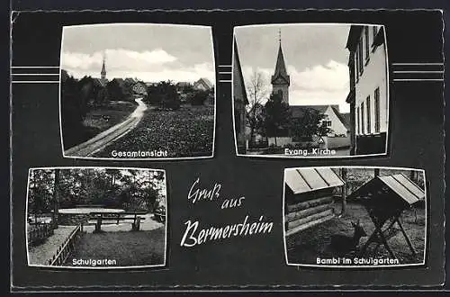 AK Bermersheim, Ortpartien Schulgarten, Bambi im Schulgarten und evang. Kirche