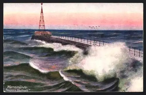 AK Warnemünde, Äussere Westmole bei stürmischer See
