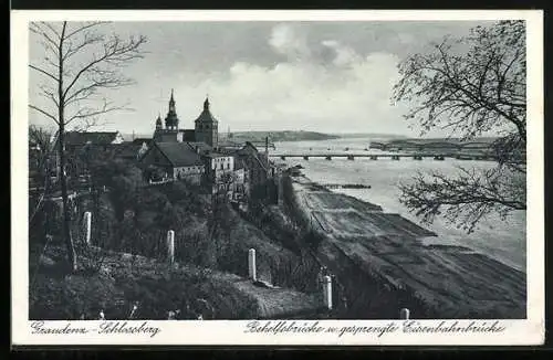 AK Graudenz-Schlossberg, Behelfsbrücke und gesprengte Eisenbahnbrücke