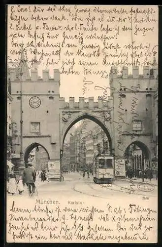 AK München, Strassenbahn am Karlstor