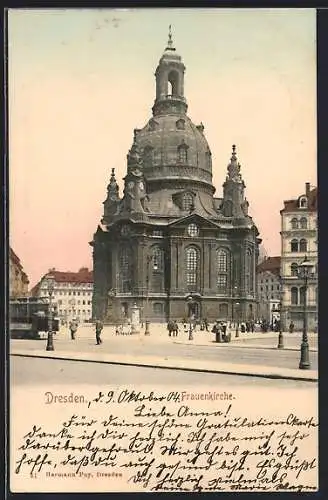 AK Dresden, Strassenpartie an der Frauenkirche, Strassenbahn