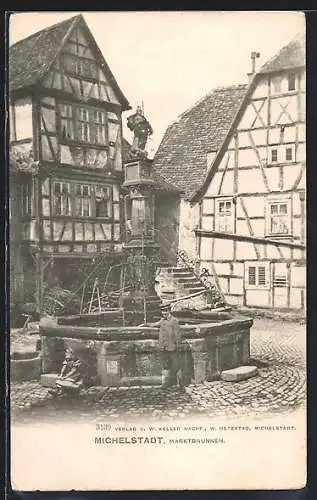 AK Michelstadt, Partie am Marktbrunnen, mit Schüler und kleinem Mädchen