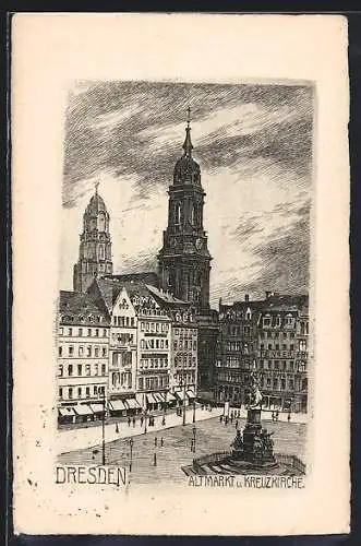 Künstler-AK Dresden, Altmarkt und Kreuzkirche