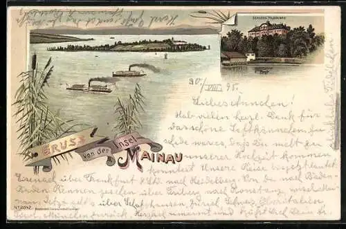 Lithographie Mainau, Blick auf das Schloss, Flusspartie mit Dampfern