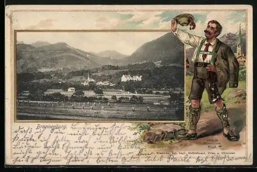 Passepartout-Lithographie Brannenburg, Ortsansicht mit Mann in Tracht