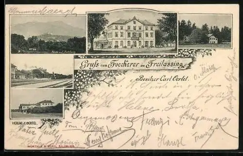 AK Freilassing, Gasthaus Foeckerer, Bahnhof, Blick auf Salzburg