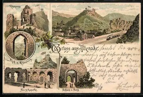 Vorläufer-Lithographie Altenahr, 1895, Burgkapelle, Aufgang z. Burg, Rittersprung