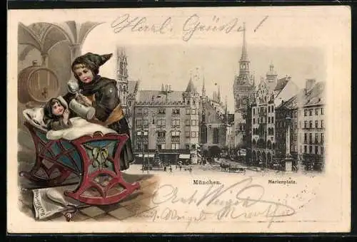 Passepartout-Lithographie München, Münchner Kindl an der Kindlwiege, Marienplatz