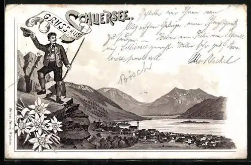 Lithographie Schliersee, Ortsansicht mit Wanderer und See