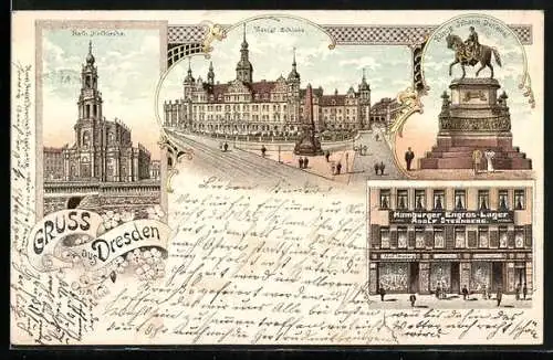 Lithographie Dresden, Kath. Hofkirche, Königl. Schloss, Hamburger Engros-Lager