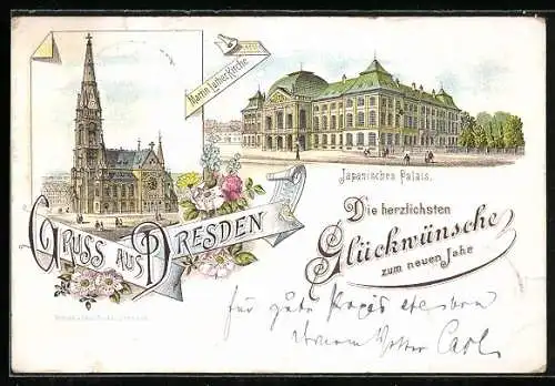 Lithographie Dresden-Neustadt, Martin Luther Kirche, Japanisches Palais, Neujahrsgrüsse