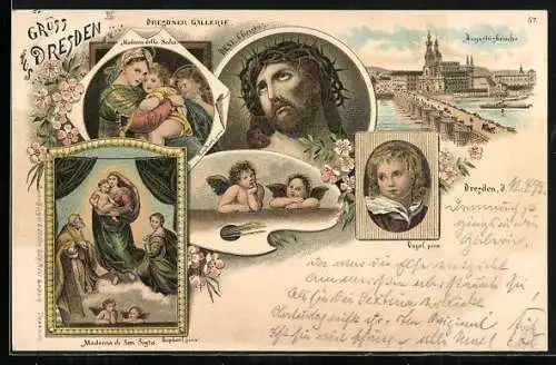 Lithographie Dresden, Augustusbrücke und Kunststücke in der Dresdner Gallerie